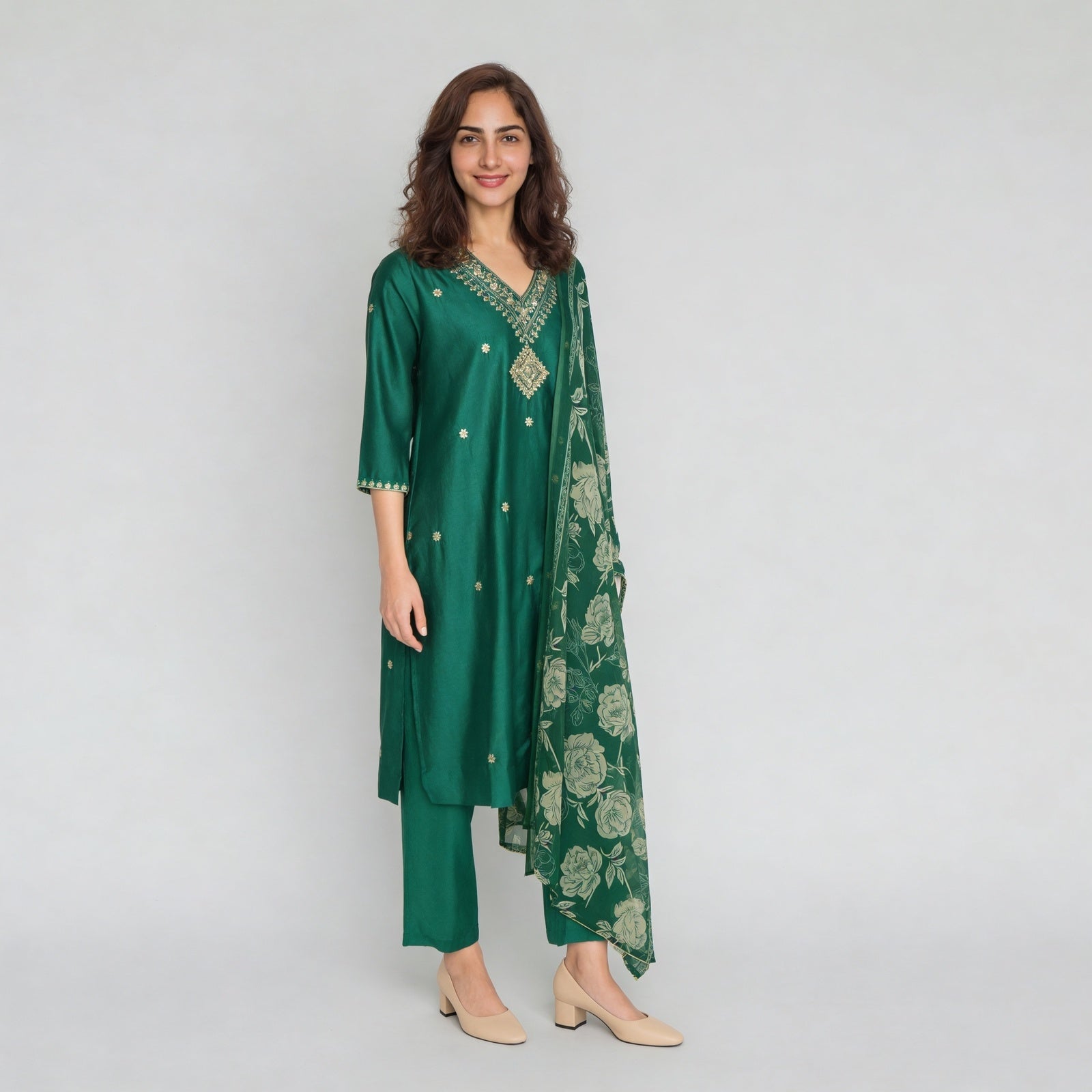 Embellished V-Neck Straight Kurta with Pant & Dupatta Set