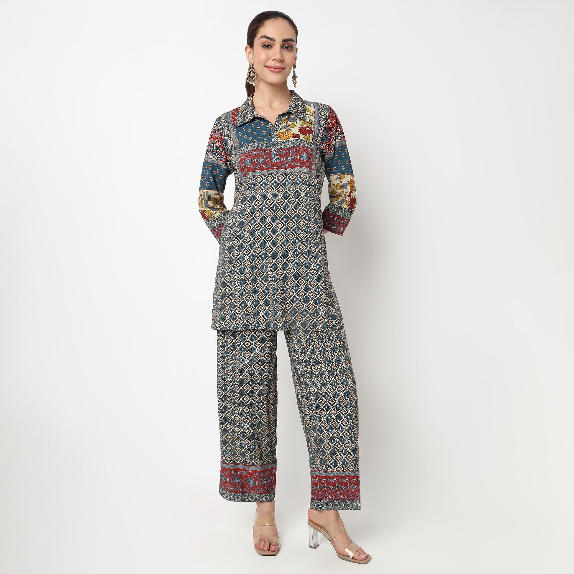 Printed Collar Kurta with Pant Set