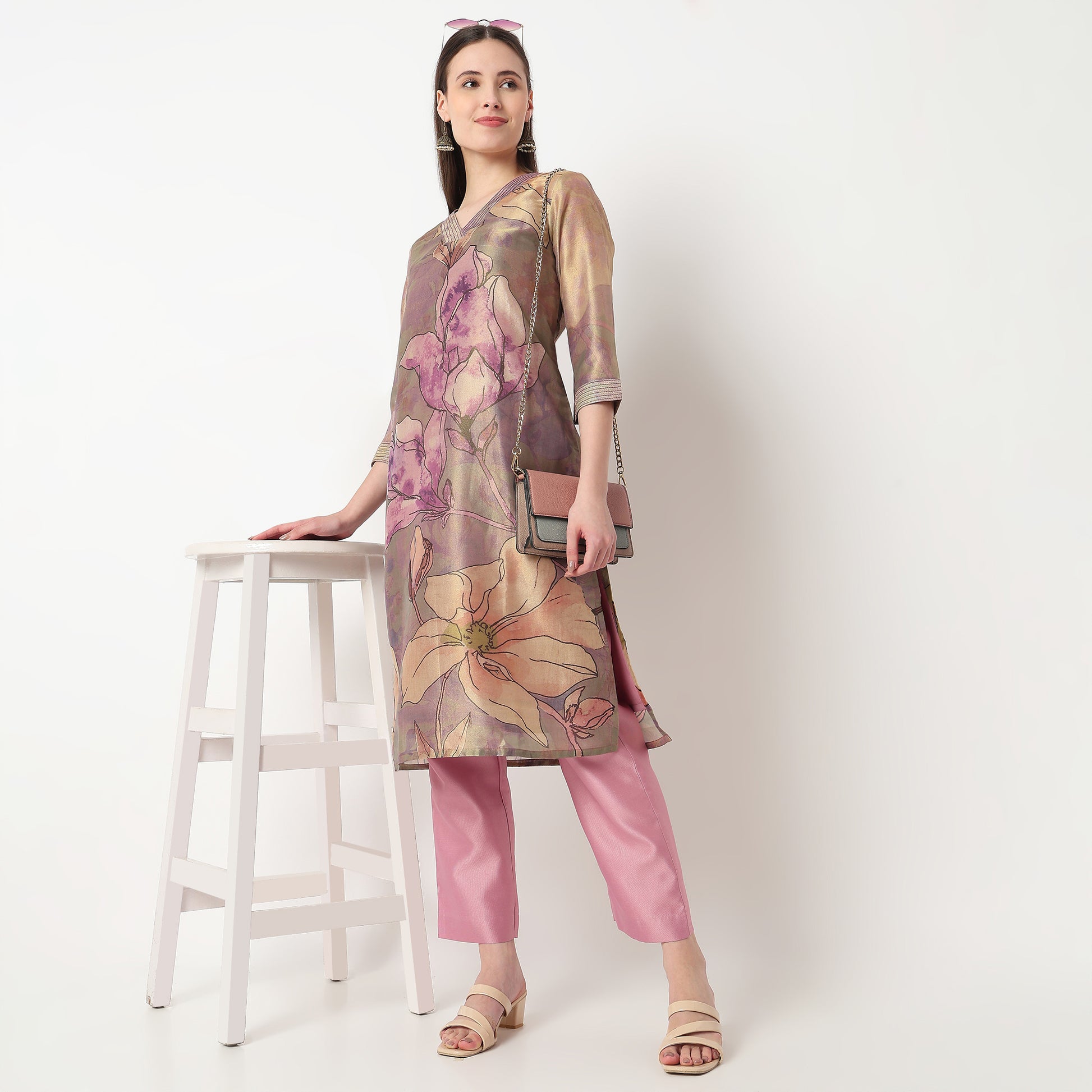 Printed V-Neck Straight Kurta with Pant Set