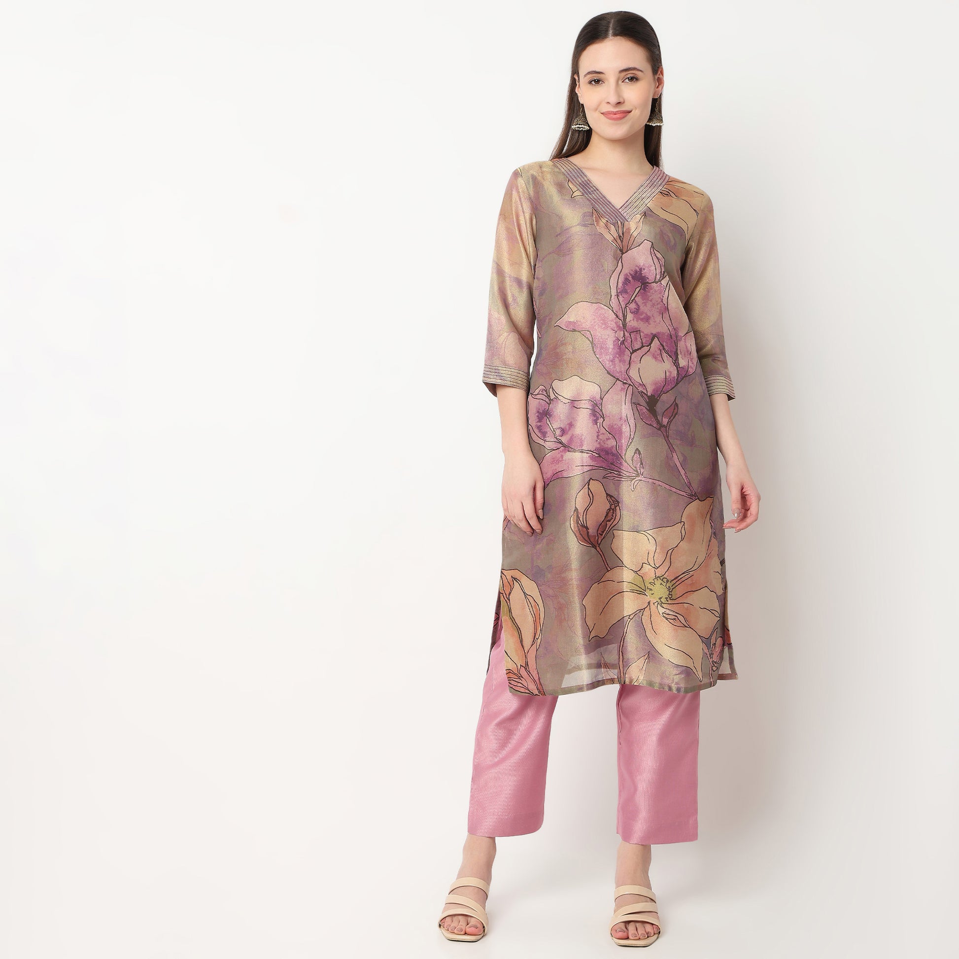 Printed V-Neck Straight Kurta with Pant Set
