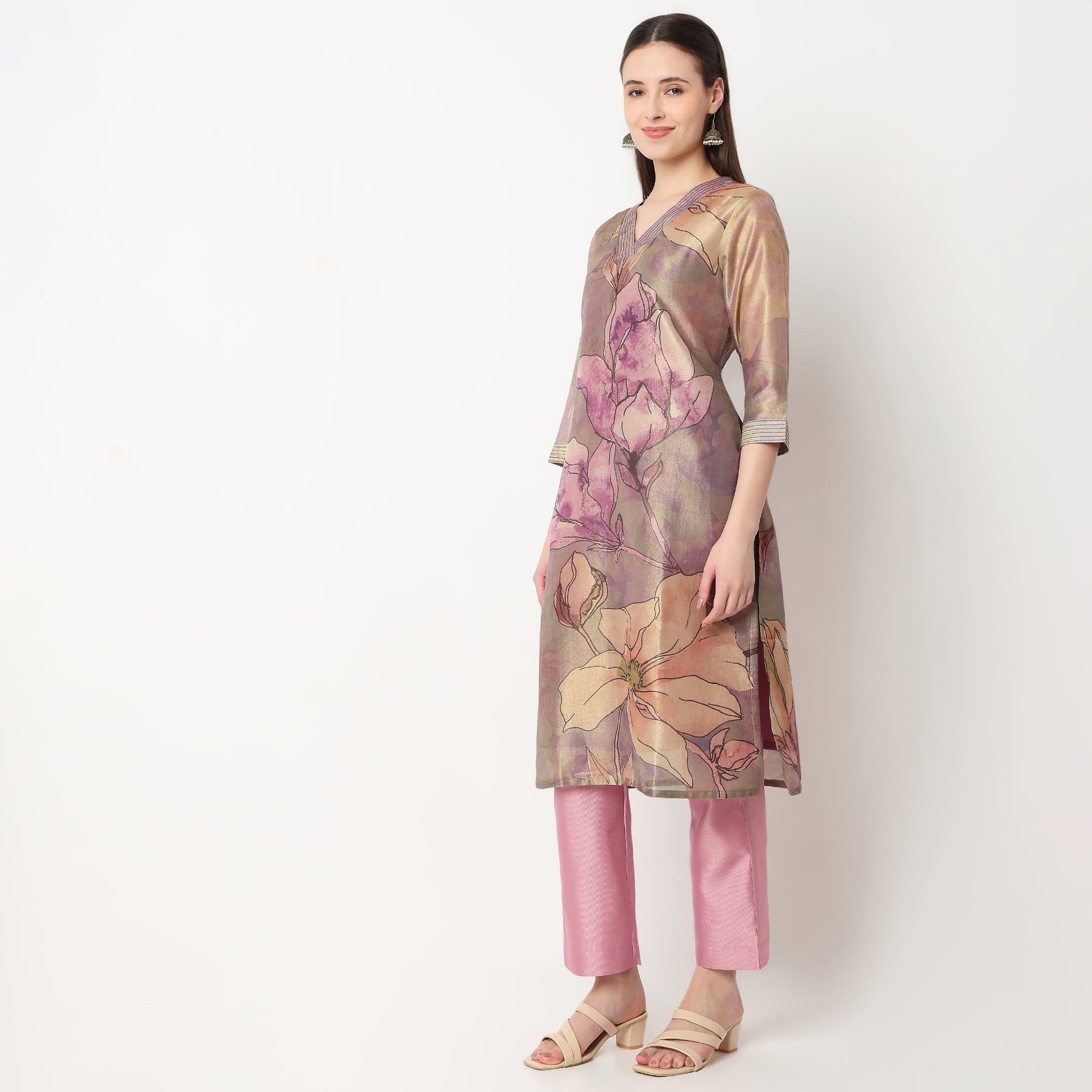 Printed V-Neck Straight Kurta with Pant Set