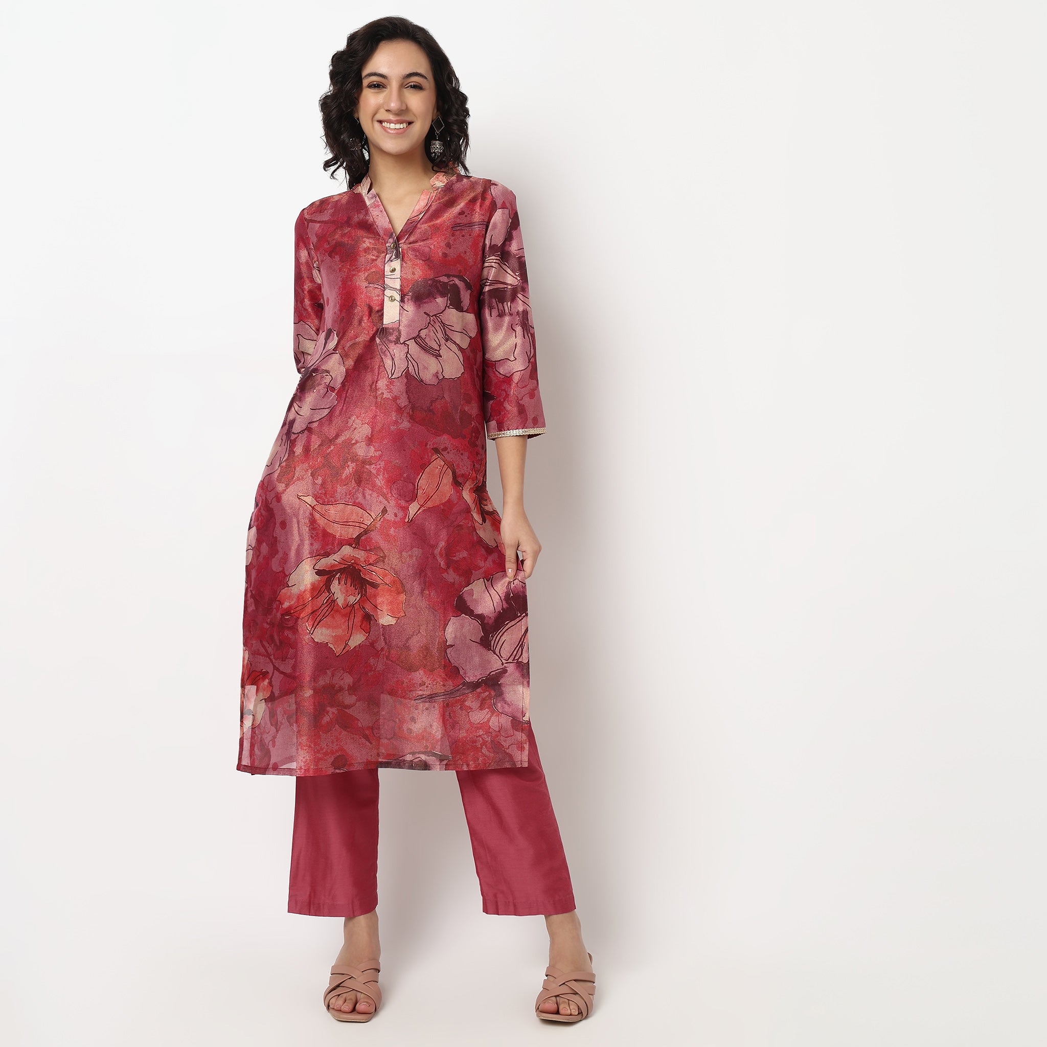 Buy Women Straight Fit Printed Three-Fourth Sleeve Kurta with Pant Set  - Style Union