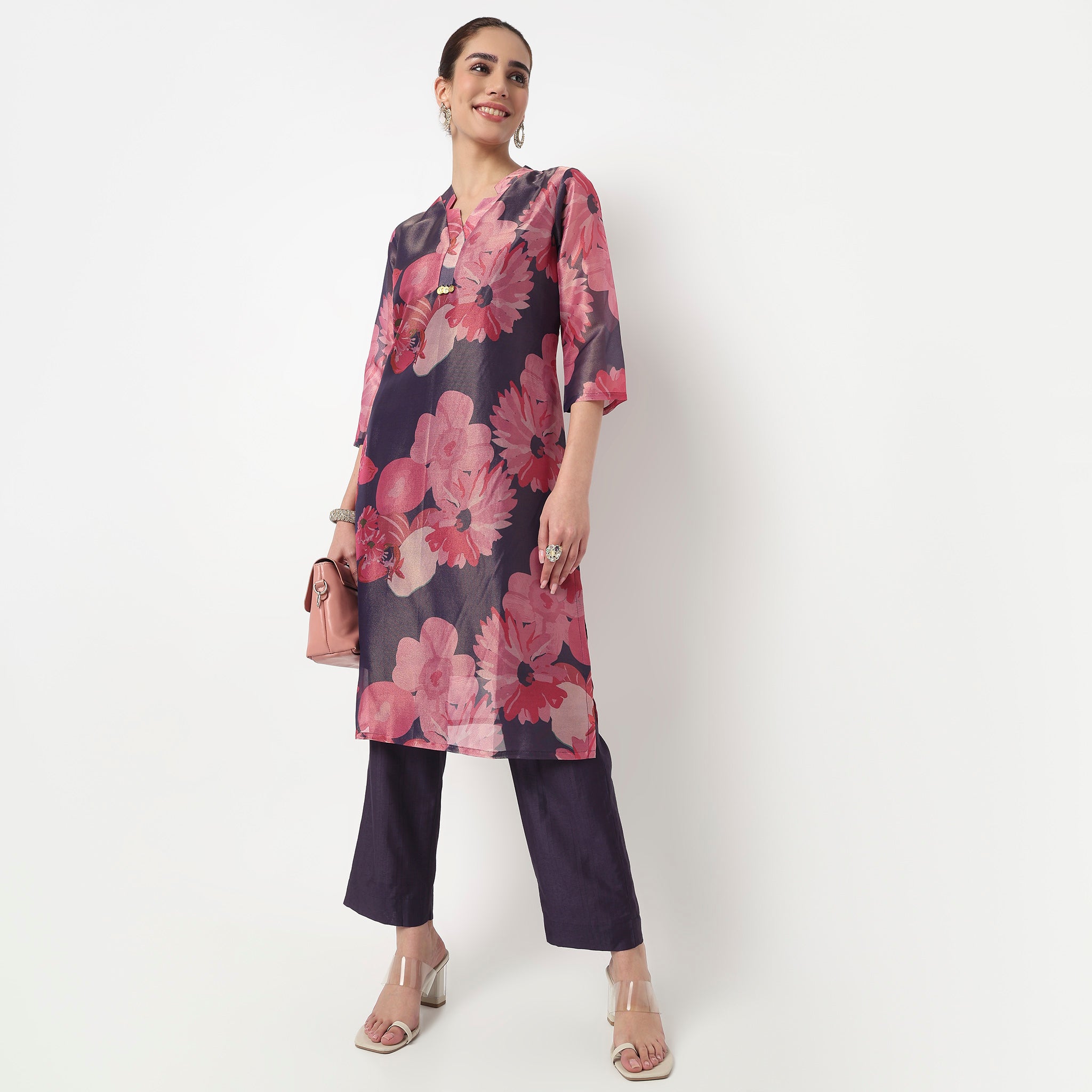 Printed Crew Neck A-Line Kurta with Pant Set