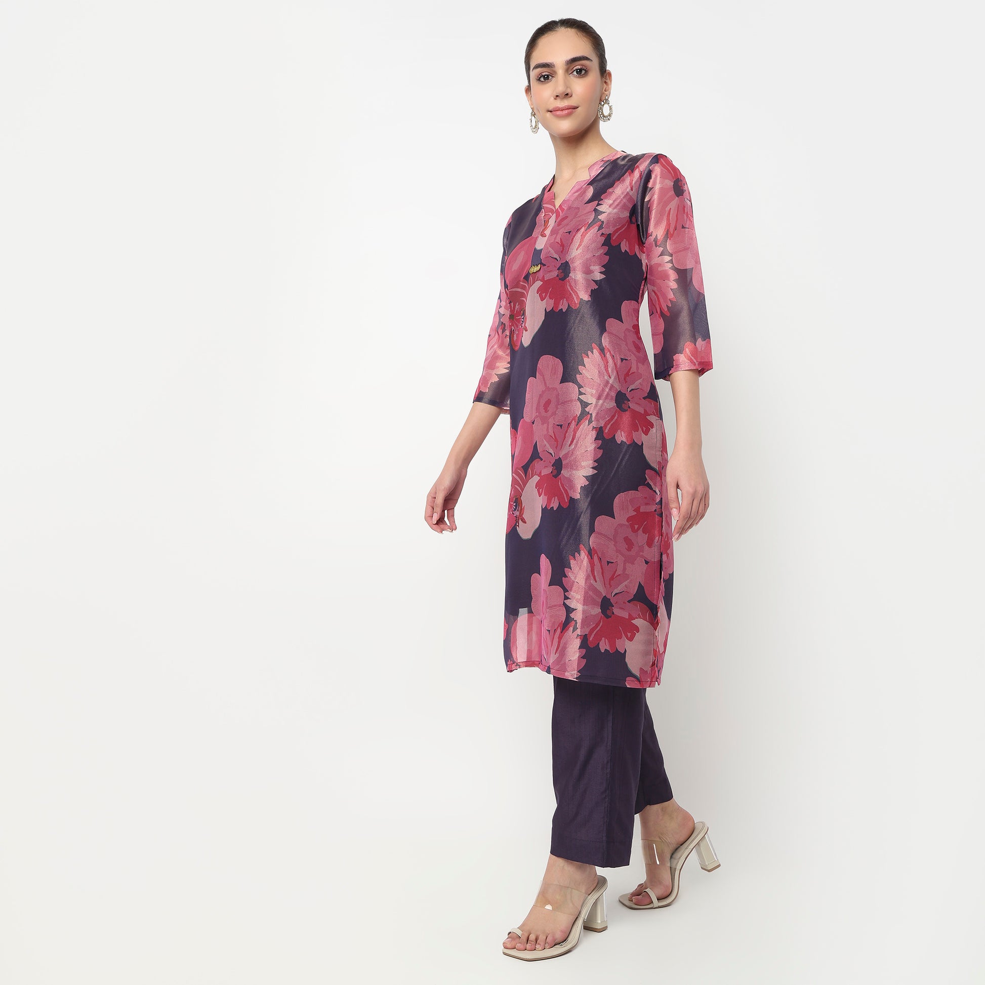 Printed Crew Neck A-Line Kurta with Pant Set