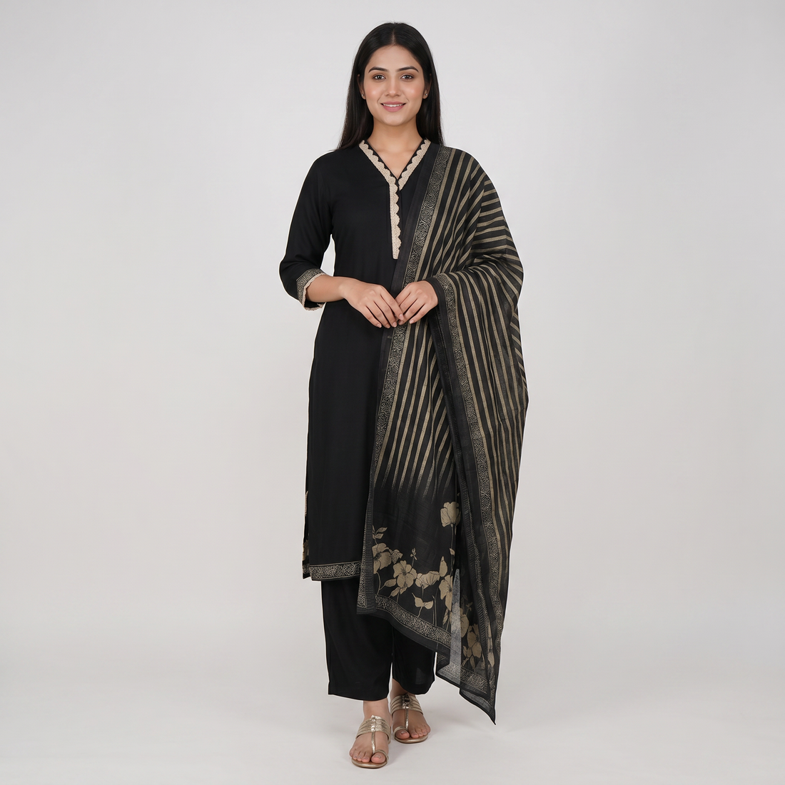 Printed V-Neck Kurta and Pant with Dupatta Set
