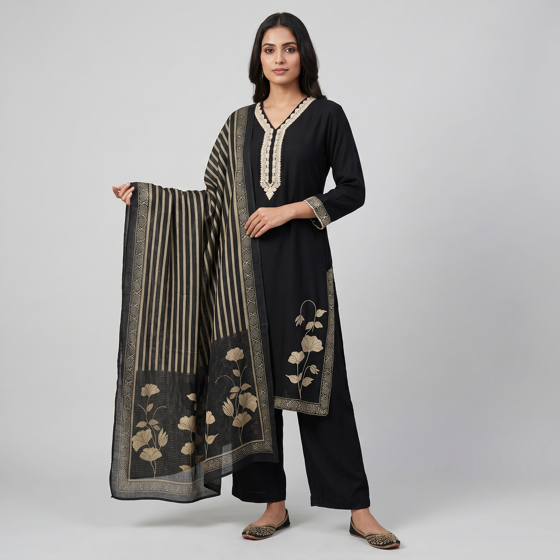 Printed V-Neck Kurta and Pant with Dupatta Set