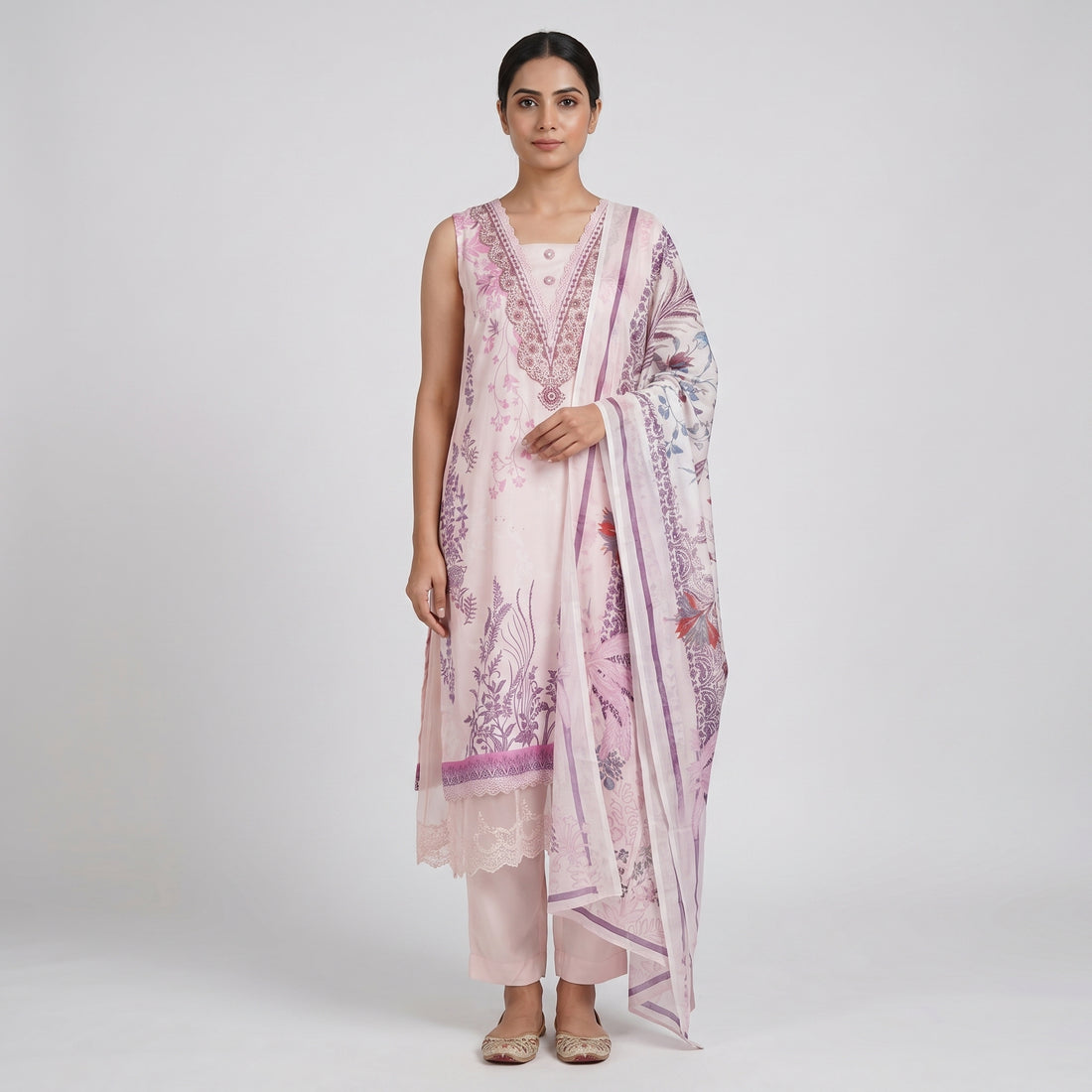 Printed V-Neck Kurta with Pant & Dupatta Set