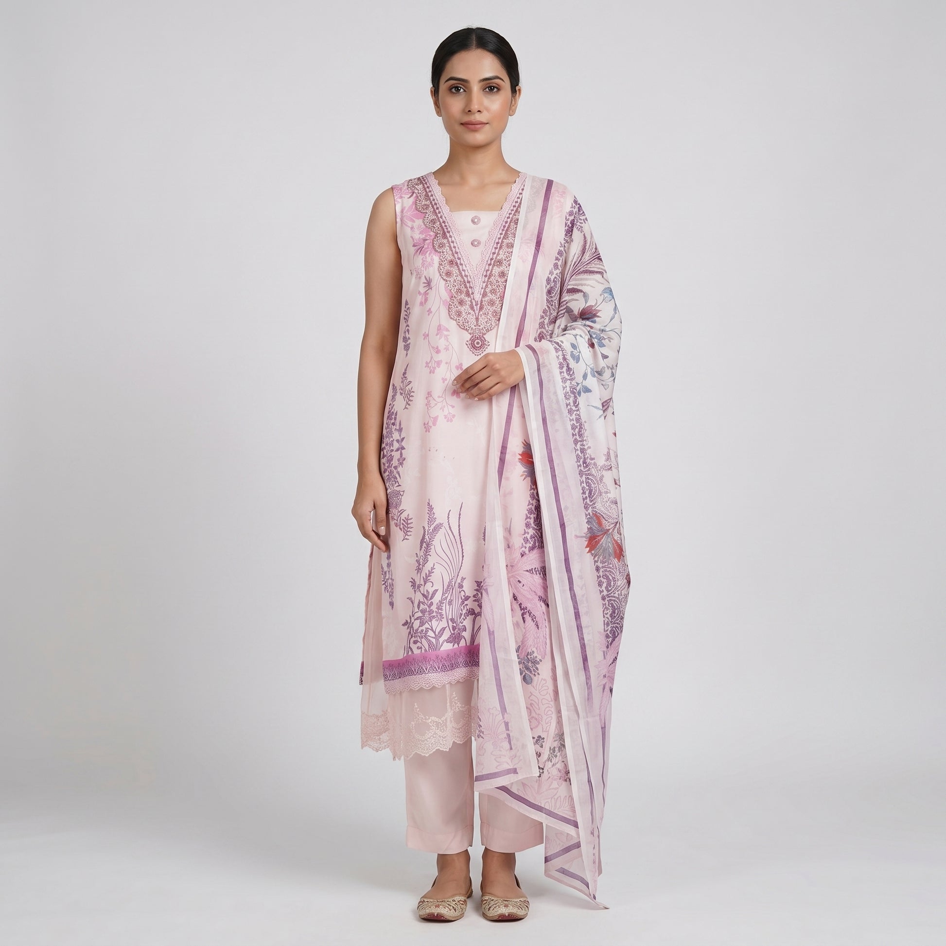 Printed V-Neck Kurta with Pant & Dupatta Set