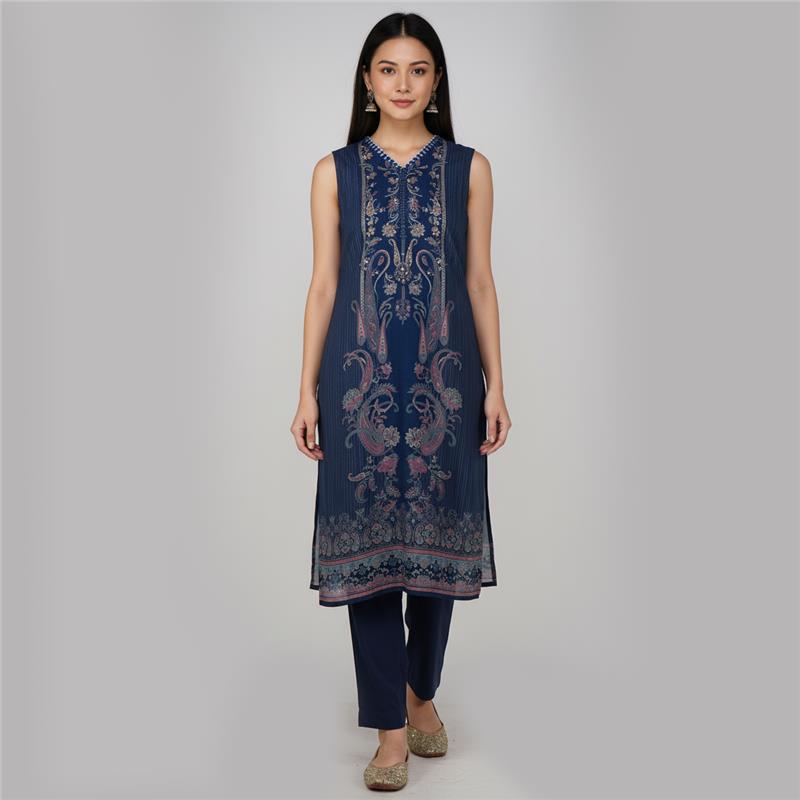 V-Neck Printed Straight Kurta with Pant and Dupatta Set