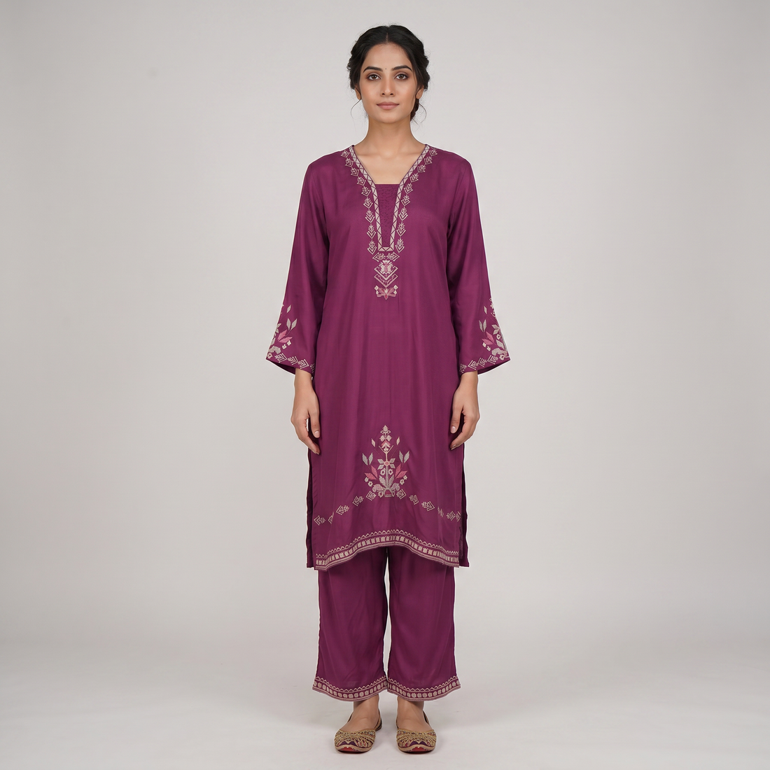Embroidered V-Neck Straight Kurta with Pant Set