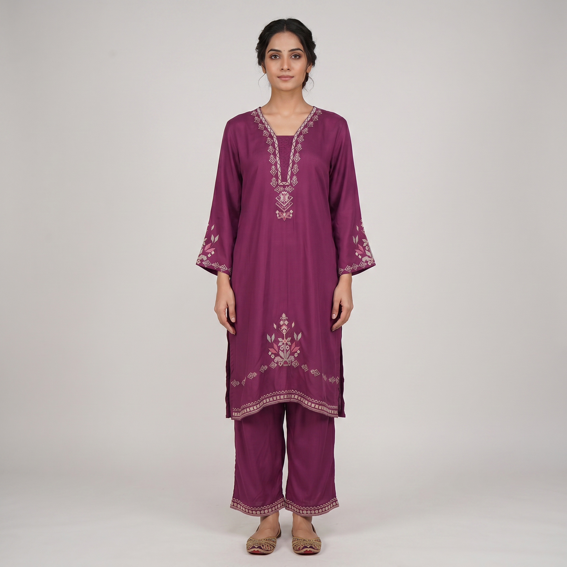 Embroidered V-Neck Straight Kurta with Pant Set