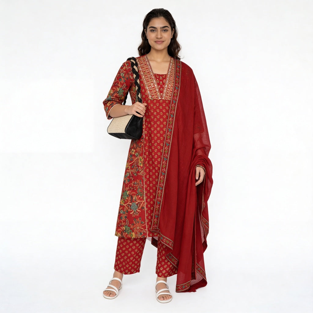 Printed Cotton V-Neck Kurta with Pant & Dupatta Set