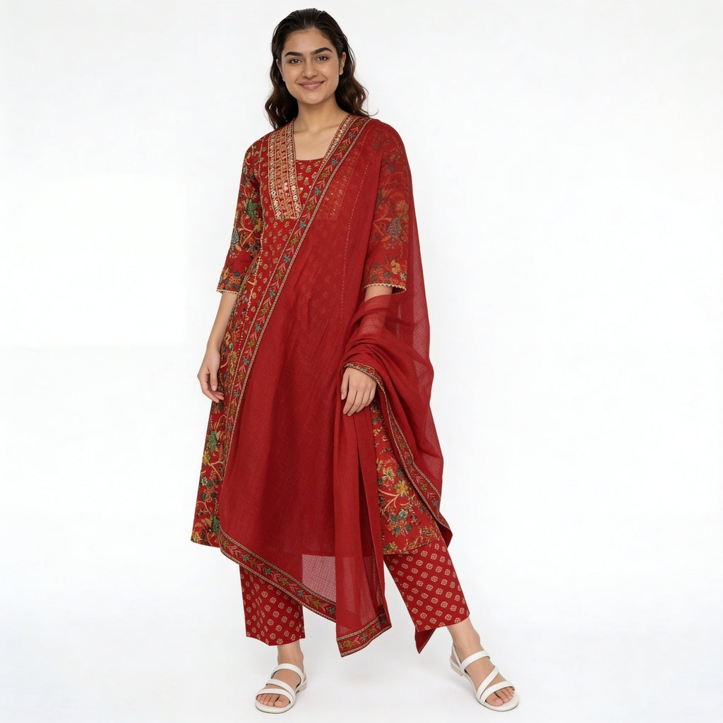 Printed Cotton V-Neck Kurta with Pant & Dupatta Set
