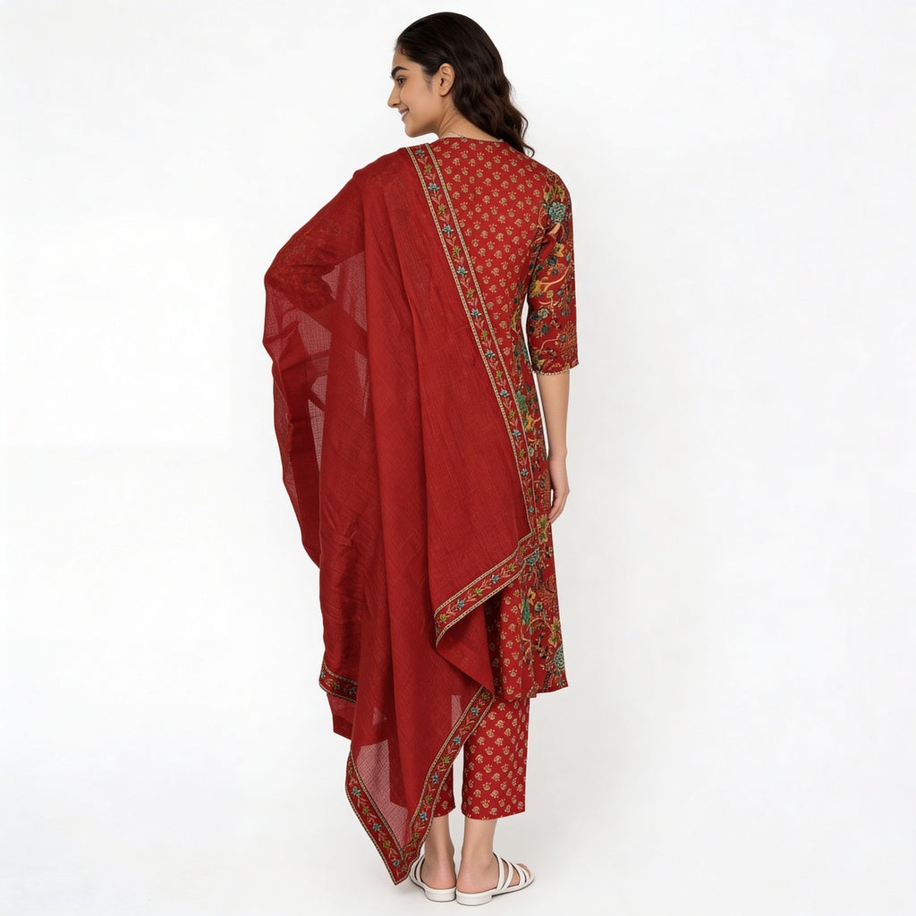 Printed Cotton V-Neck Kurta with Pant & Dupatta Set