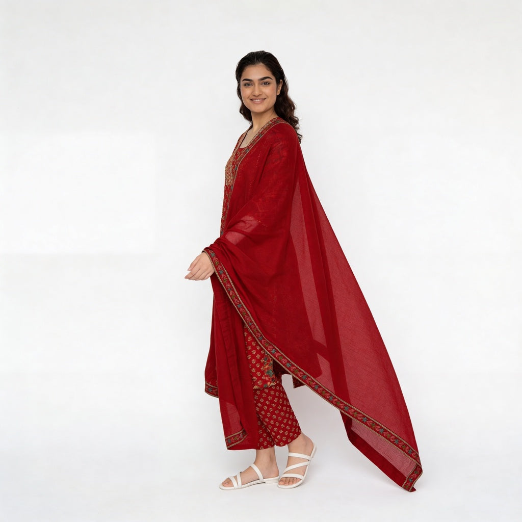 Printed Cotton V-Neck Kurta with Pant & Dupatta Set