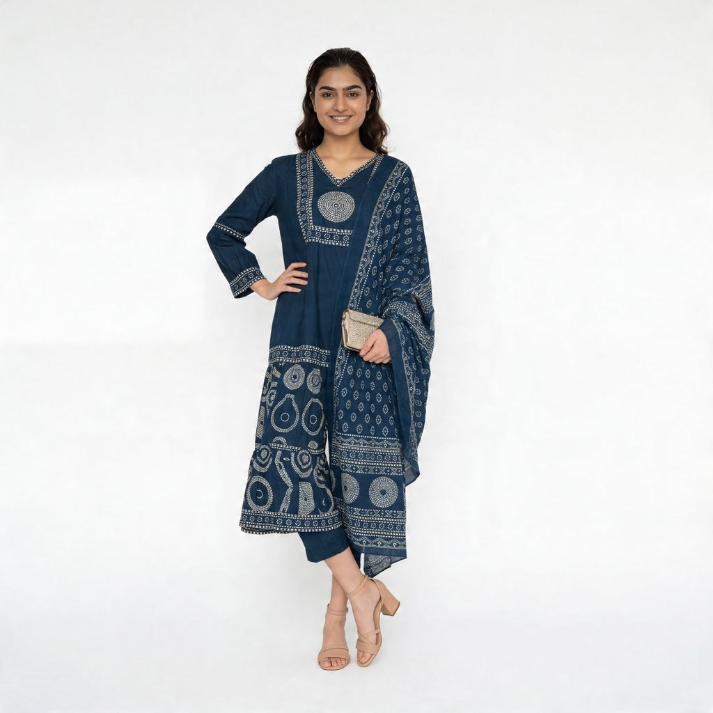 Cotton Printed V-Neck Tired Kurta with Pant and Dupatta Set