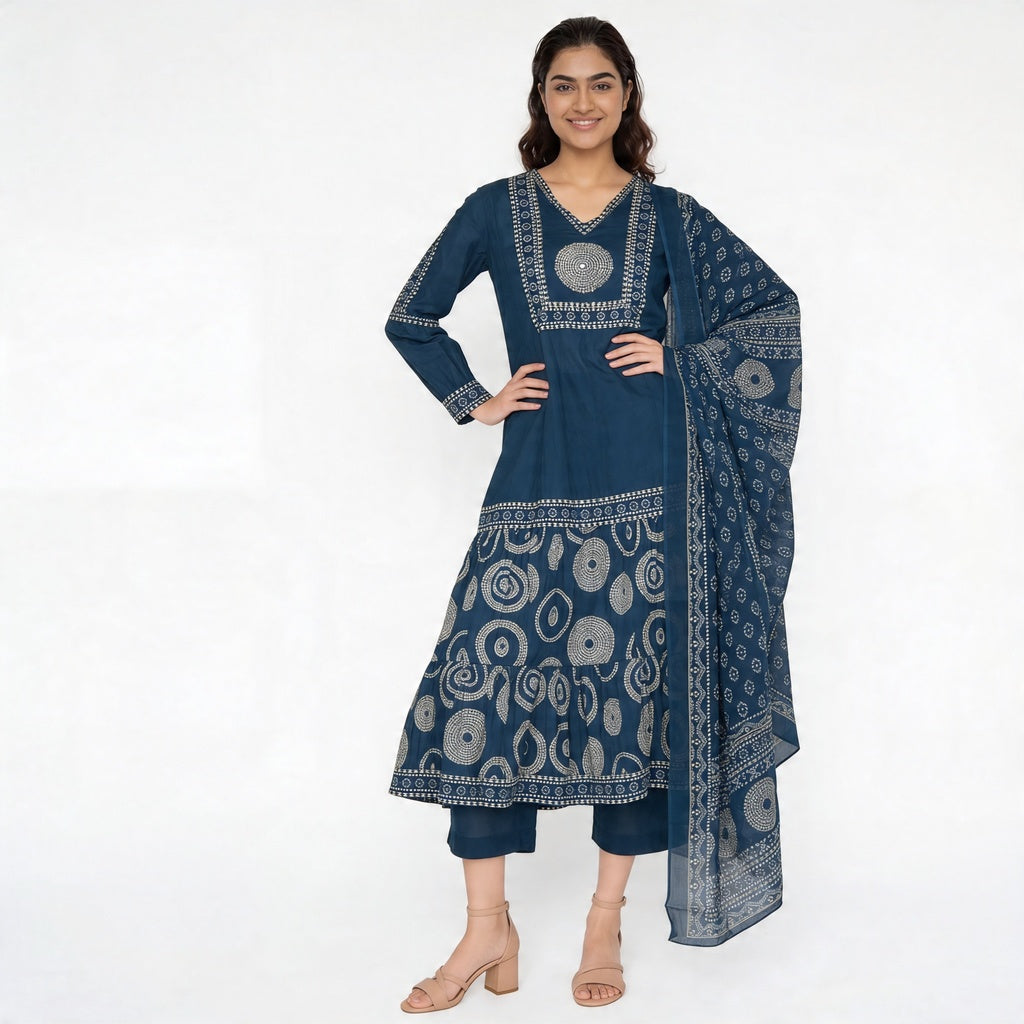 Cotton Printed V-Neck Tired Kurta with Pant and Dupatta Set