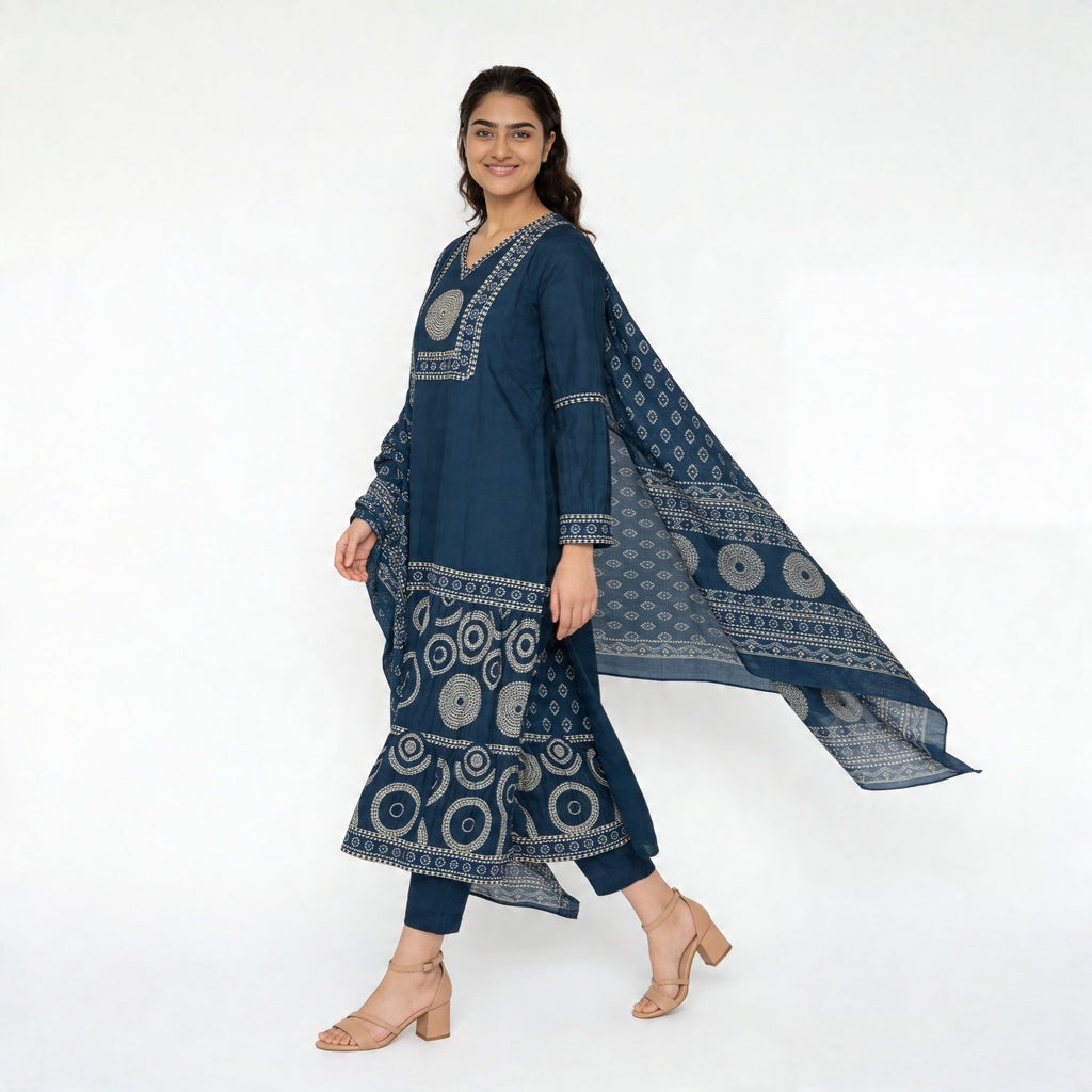 Cotton Printed V-Neck Tired Kurta with Pant and Dupatta Set
