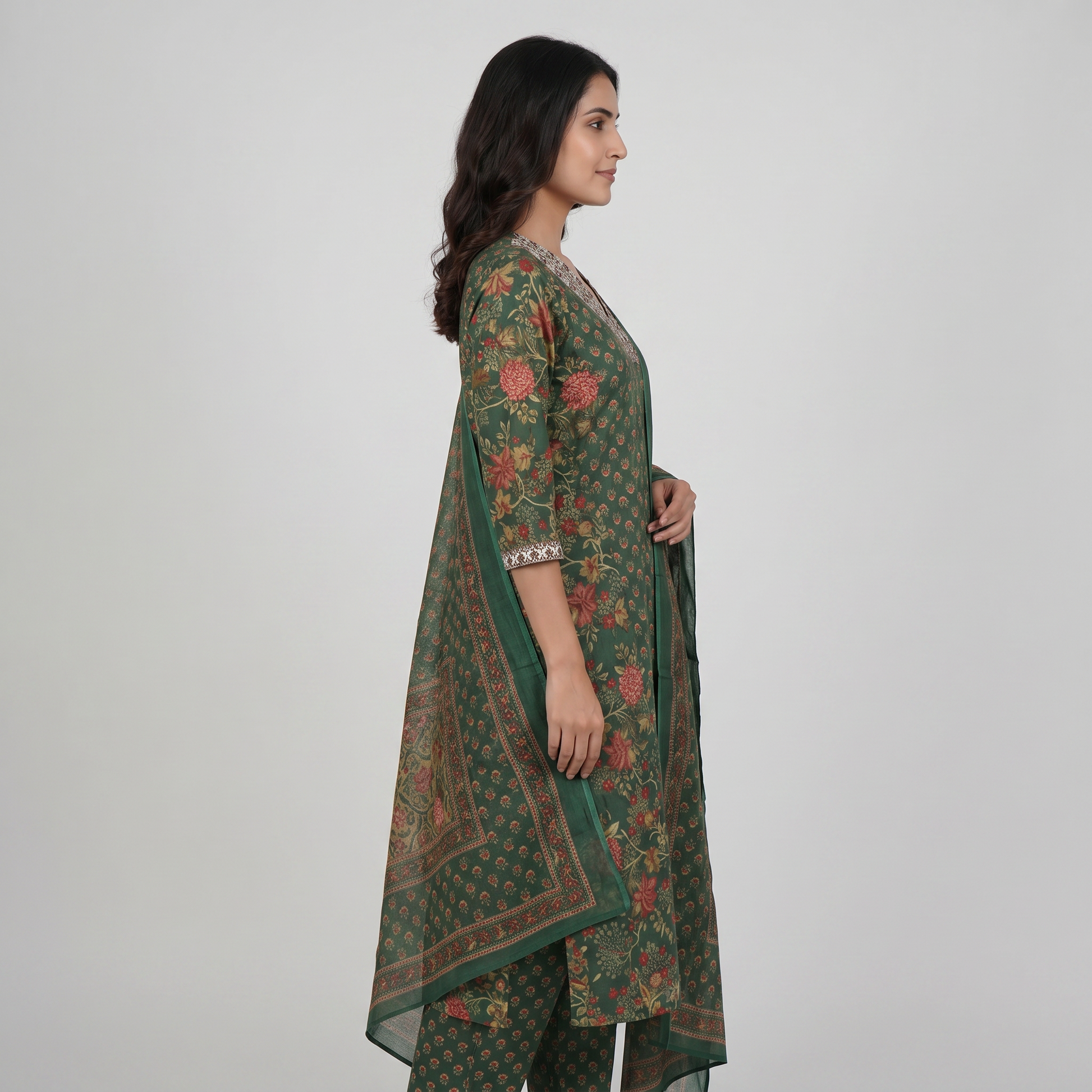 Cotton Printed V-Neck Kurta and Pant with Dupatta Set