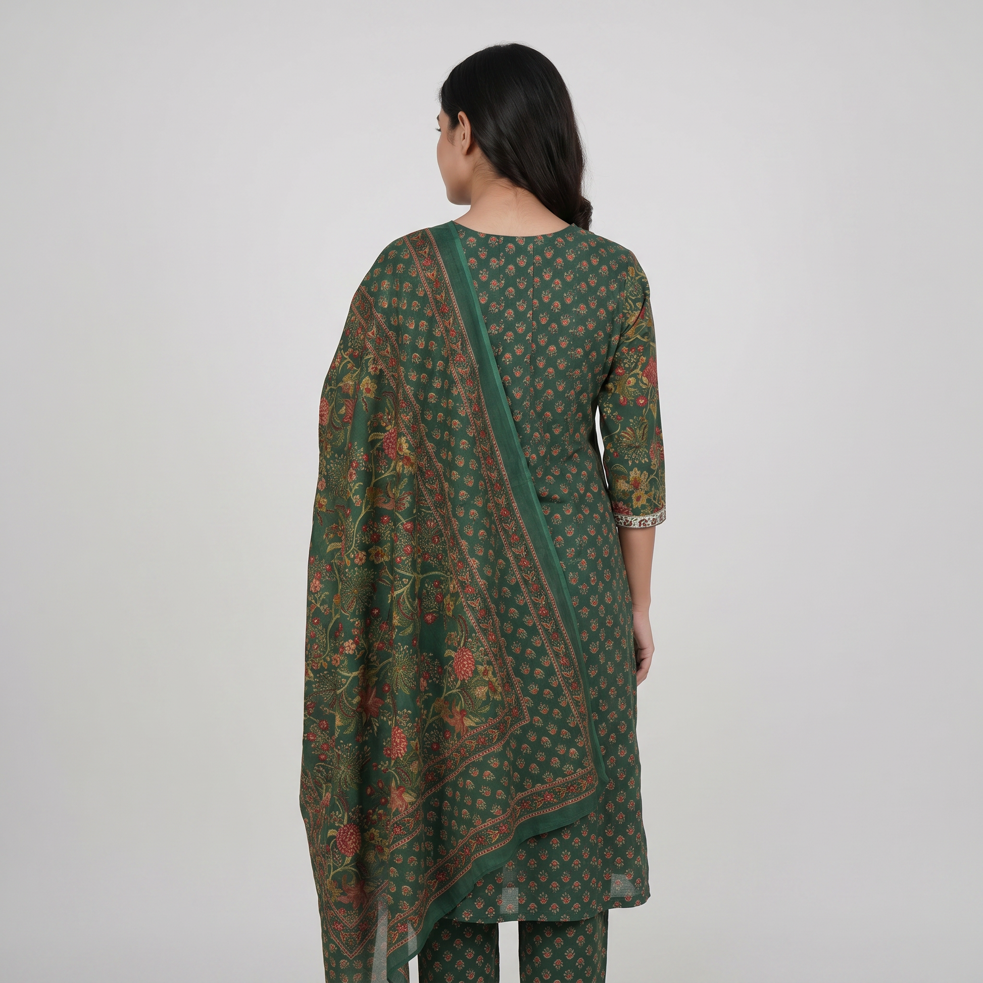 Cotton Printed V-Neck Kurta and Pant with Dupatta Set