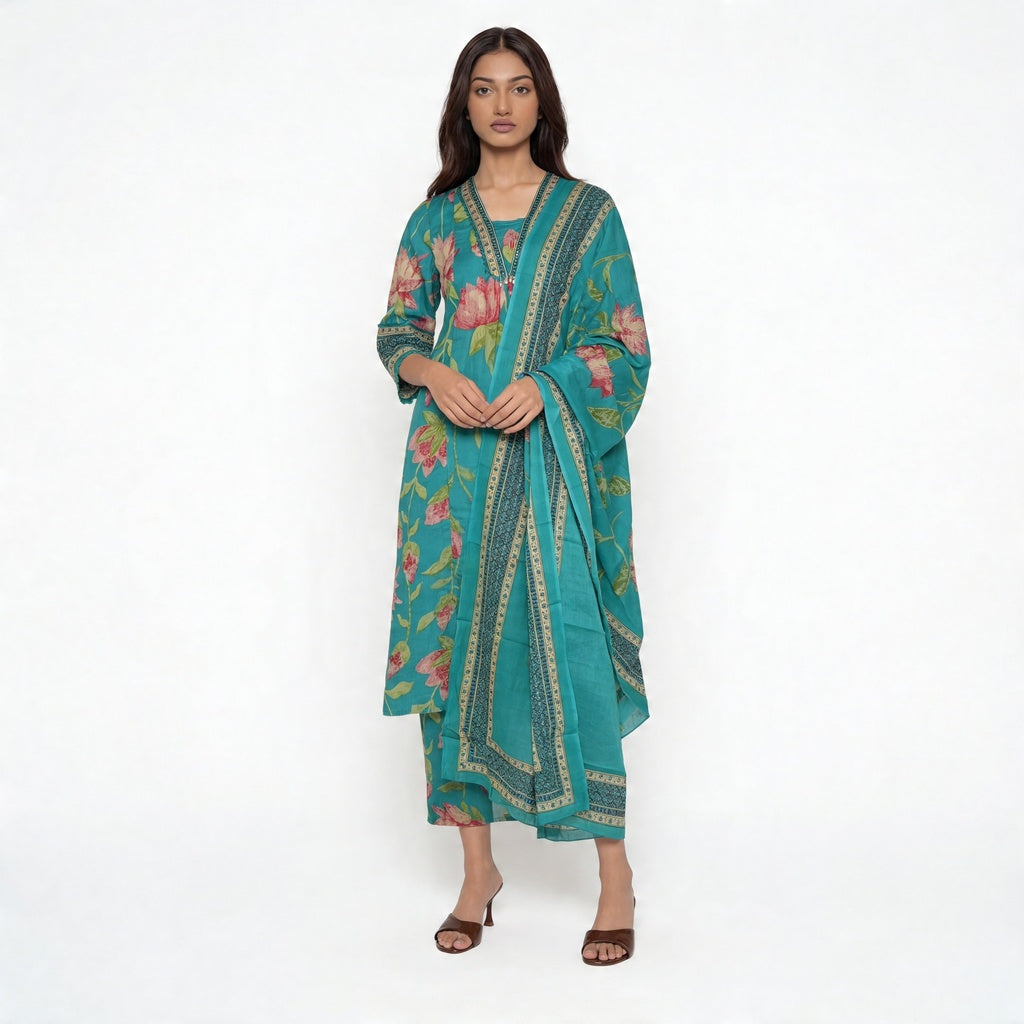 Cotton Printed Kurta with Palazzo and Dupatta Set