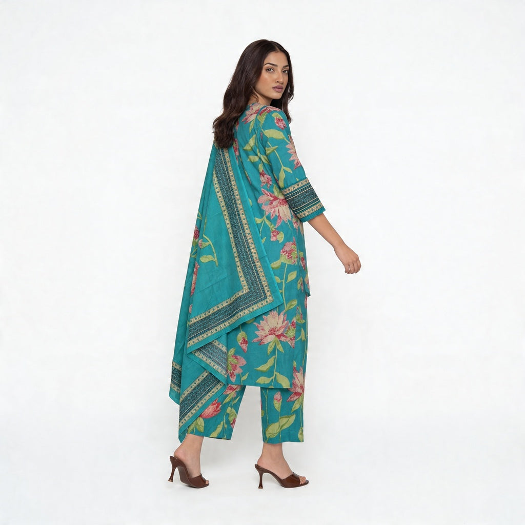 Cotton Printed Kurta with Palazzo and Dupatta Set