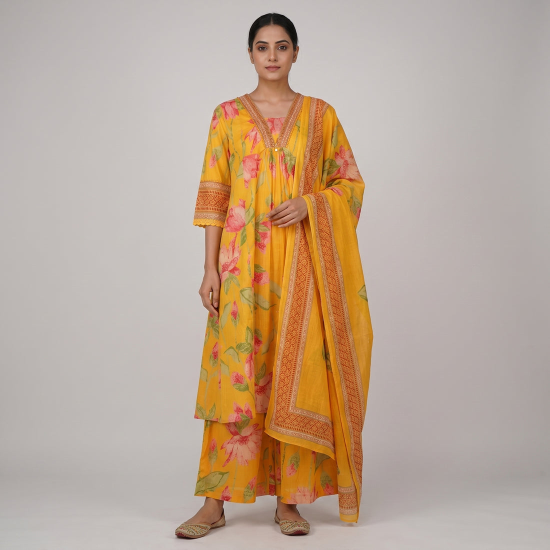 V-Neck A-Line Kurta and Pant with Dupatta Set