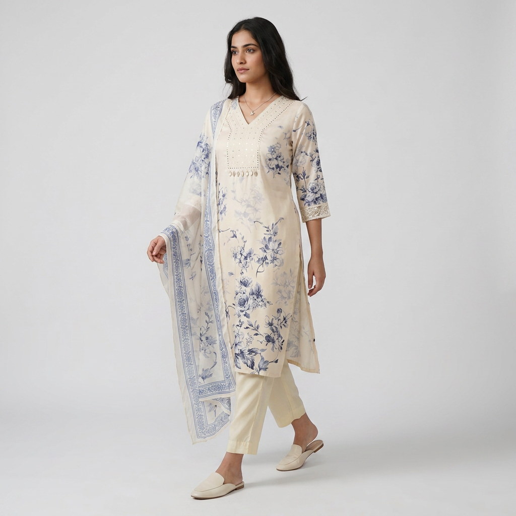 Printed V-Neck Kurta with Pant and Dupatta Set