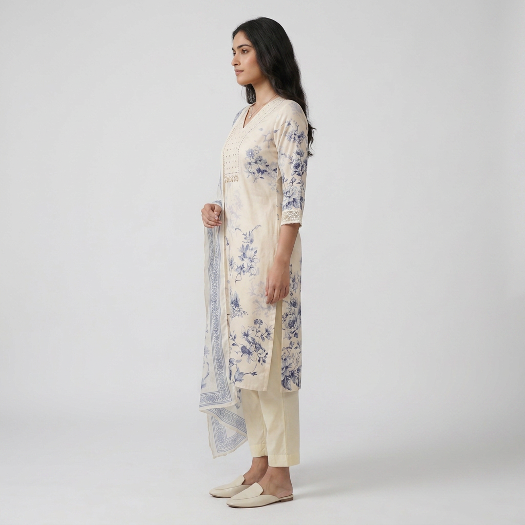 Printed V-Neck Kurta with Pant and Dupatta Set