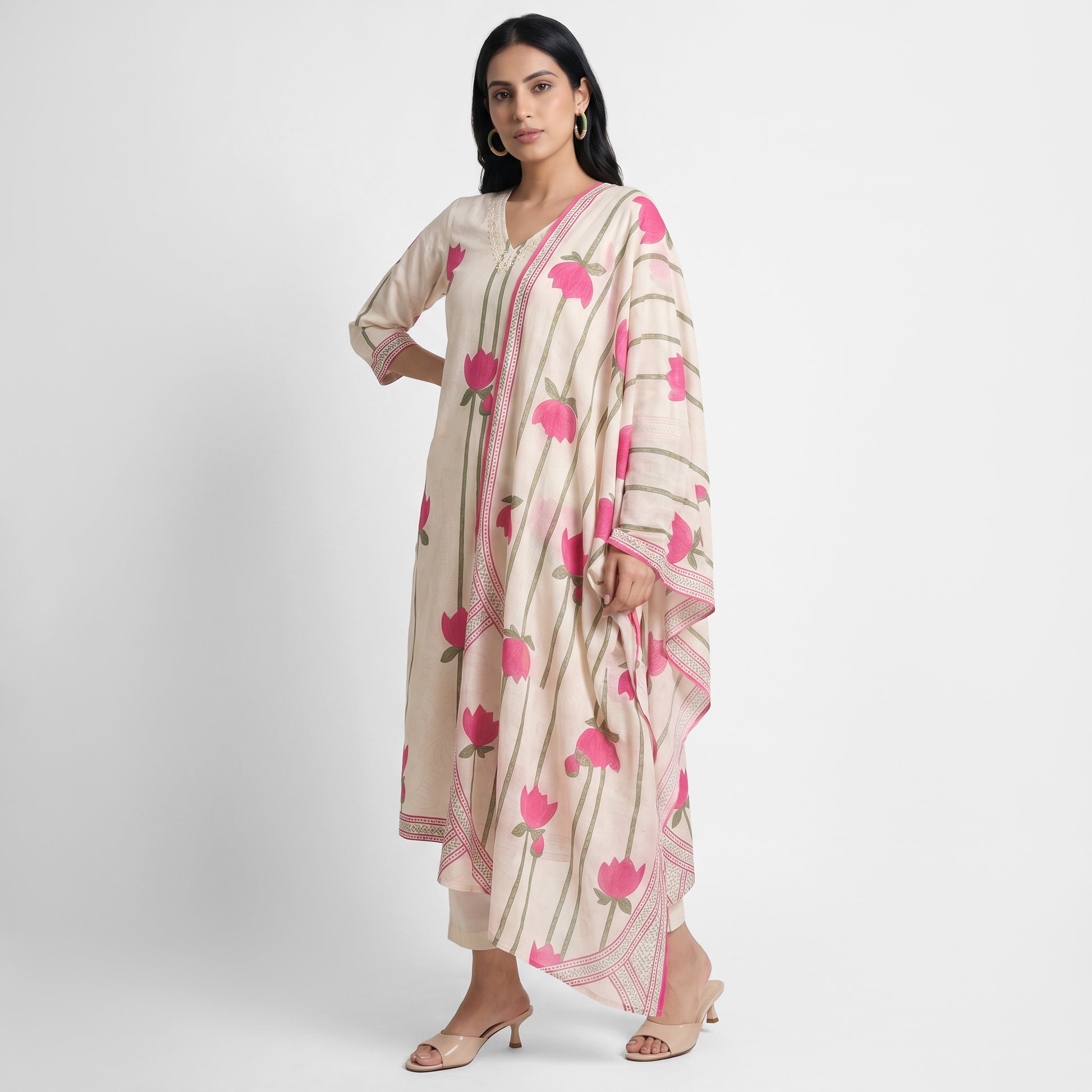Printed V-Neck Kurta with Pant and Dupatta Set