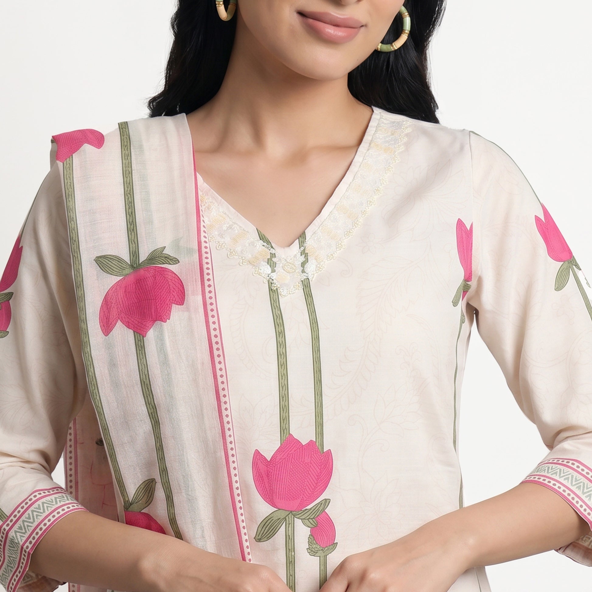 Printed V-Neck Kurta with Pant and Dupatta Set