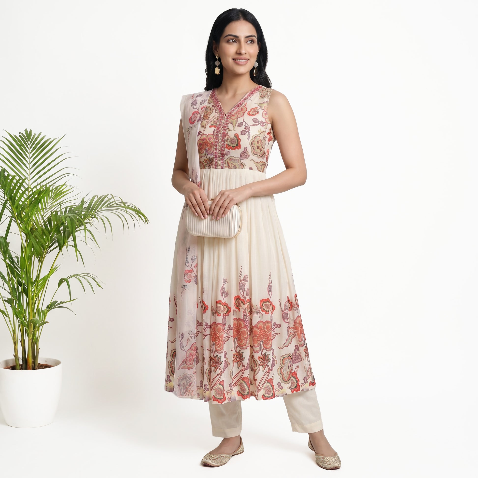 Printed V-Neck Kurta with Pant and Dupatta Set