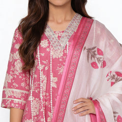 Printed Cotton V-Neck Kurta with Pant & Dupatta Set