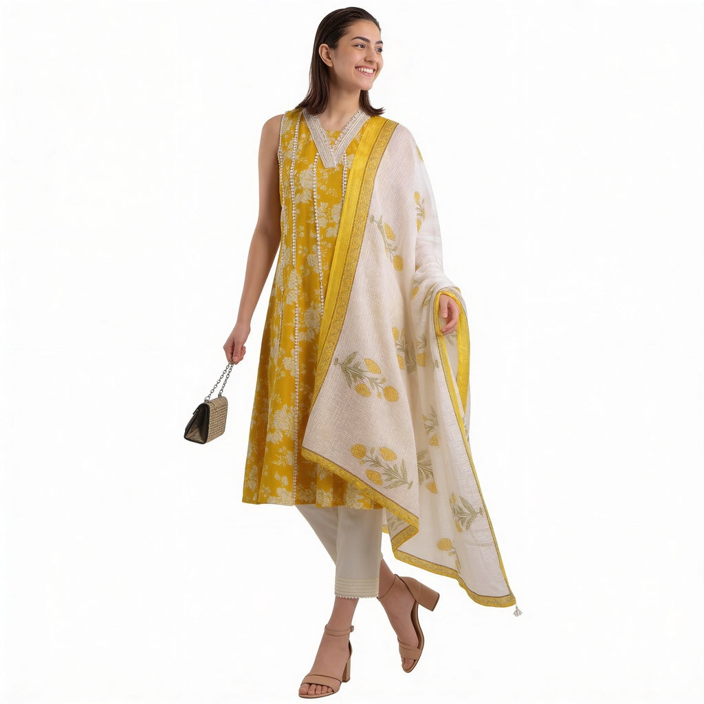 Printed Cotton V-Neck Kurta with Pant & Dupatta Set