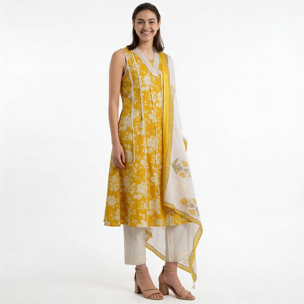 Printed Cotton V-Neck Kurta with Pant & Dupatta Set