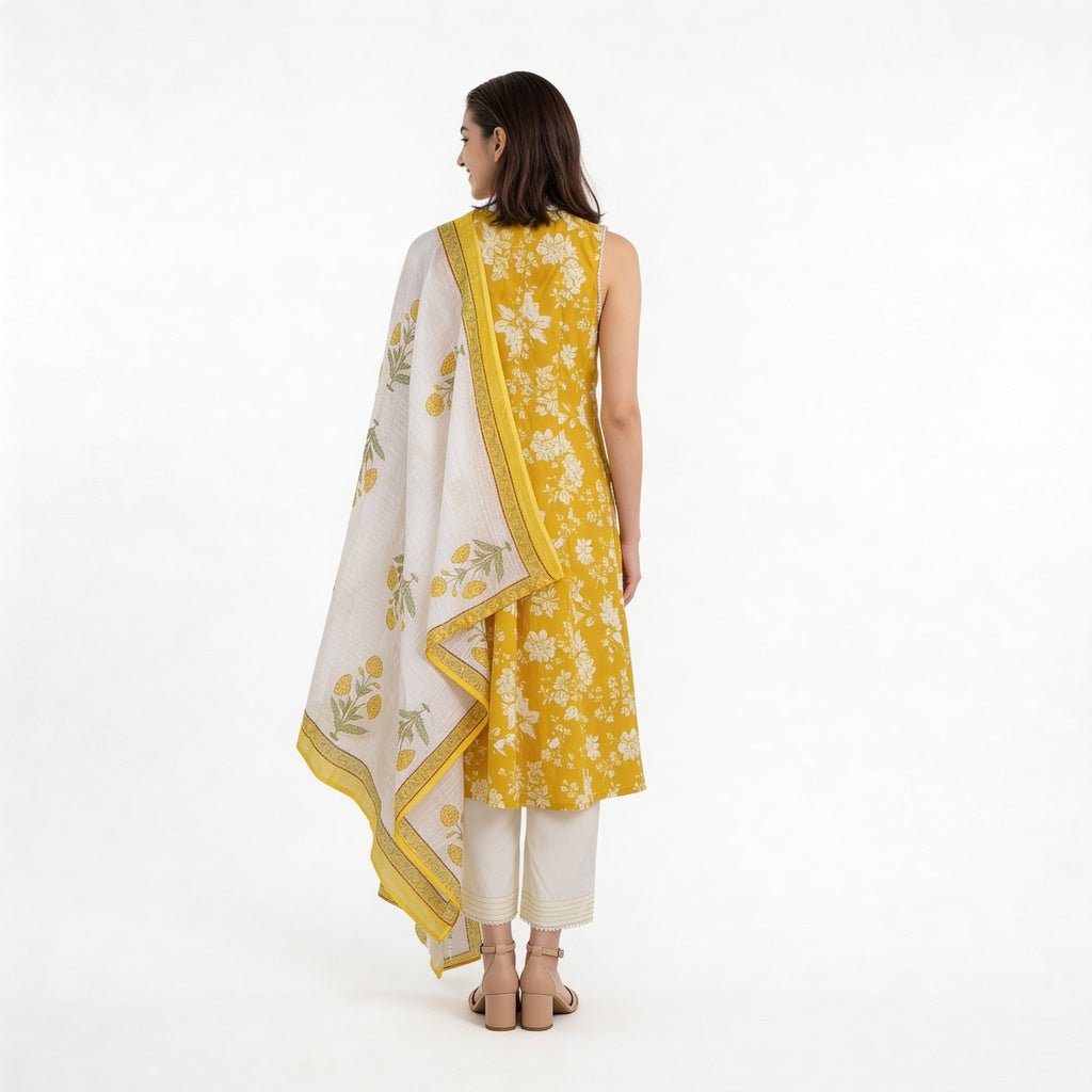 Printed Cotton V-Neck Kurta with Pant & Dupatta Set