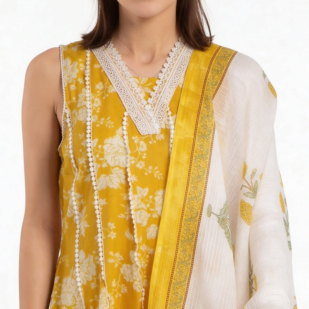 Printed Cotton V-Neck Kurta with Pant & Dupatta Set