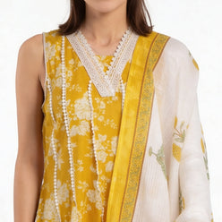 Printed Cotton V-Neck Kurta with Pant & Dupatta Set
