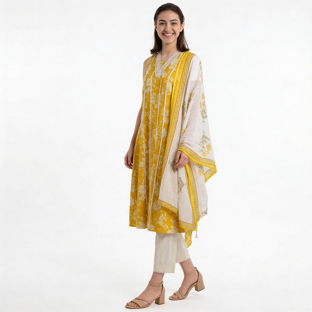 Printed Cotton V-Neck Kurta with Pant & Dupatta Set