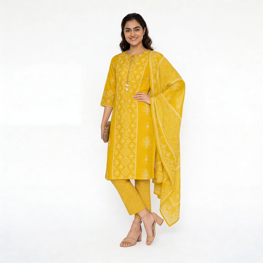 Printed Cotton Kurta with Pant & Dupatta Set