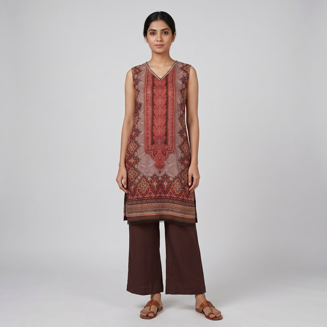 Printed V-Neck Straight Kurta with Pant Set
