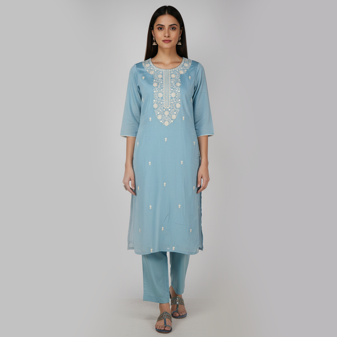 Embroidered Straight Kurta with Pant and Dupatta Set