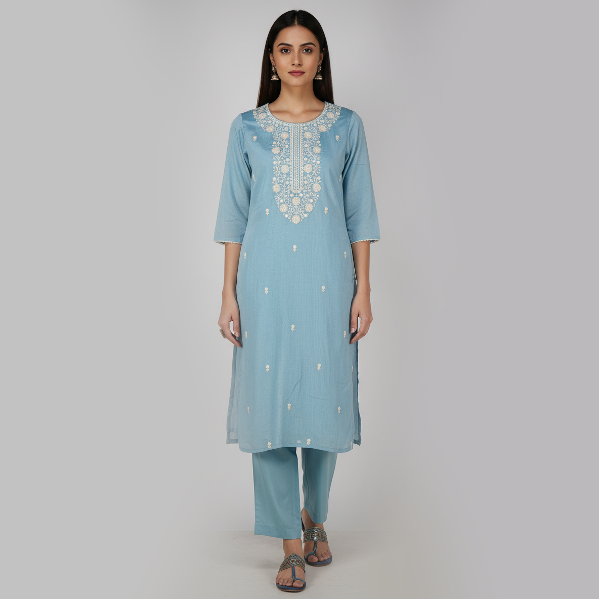 Embroidered Straight Kurta with Pant and Dupatta Set