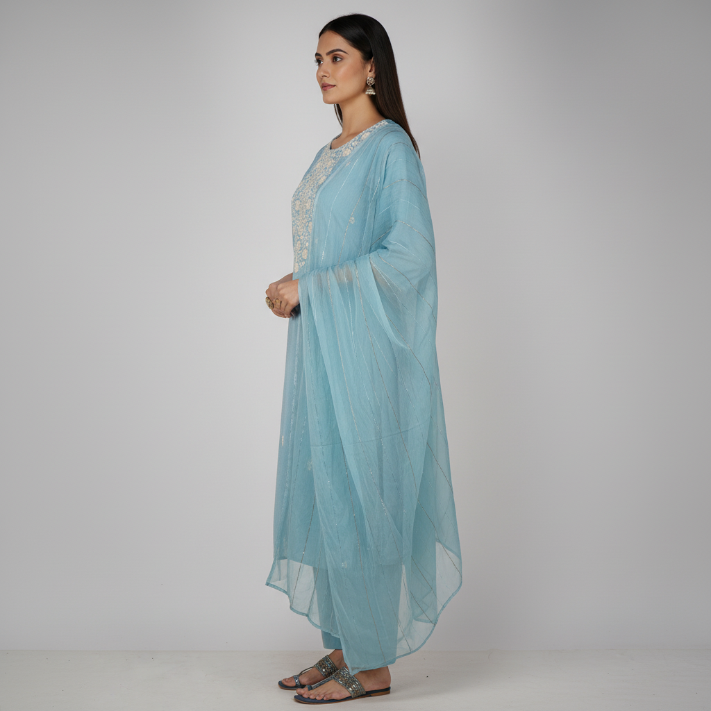 Embroidered Straight Kurta with Pant and Dupatta Set