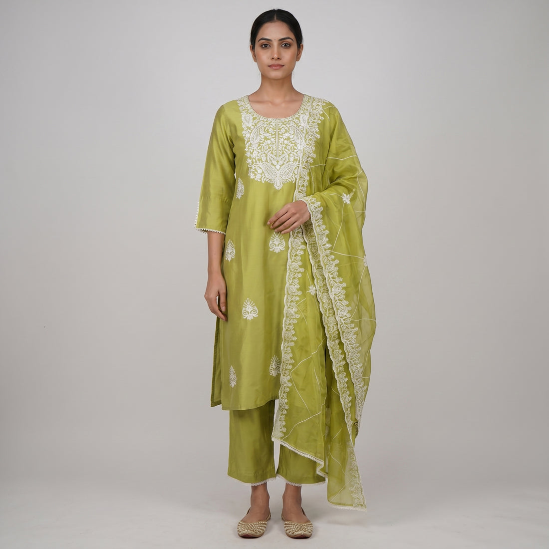 Embroidered Straight Kurta and Pant with Dupatta Set