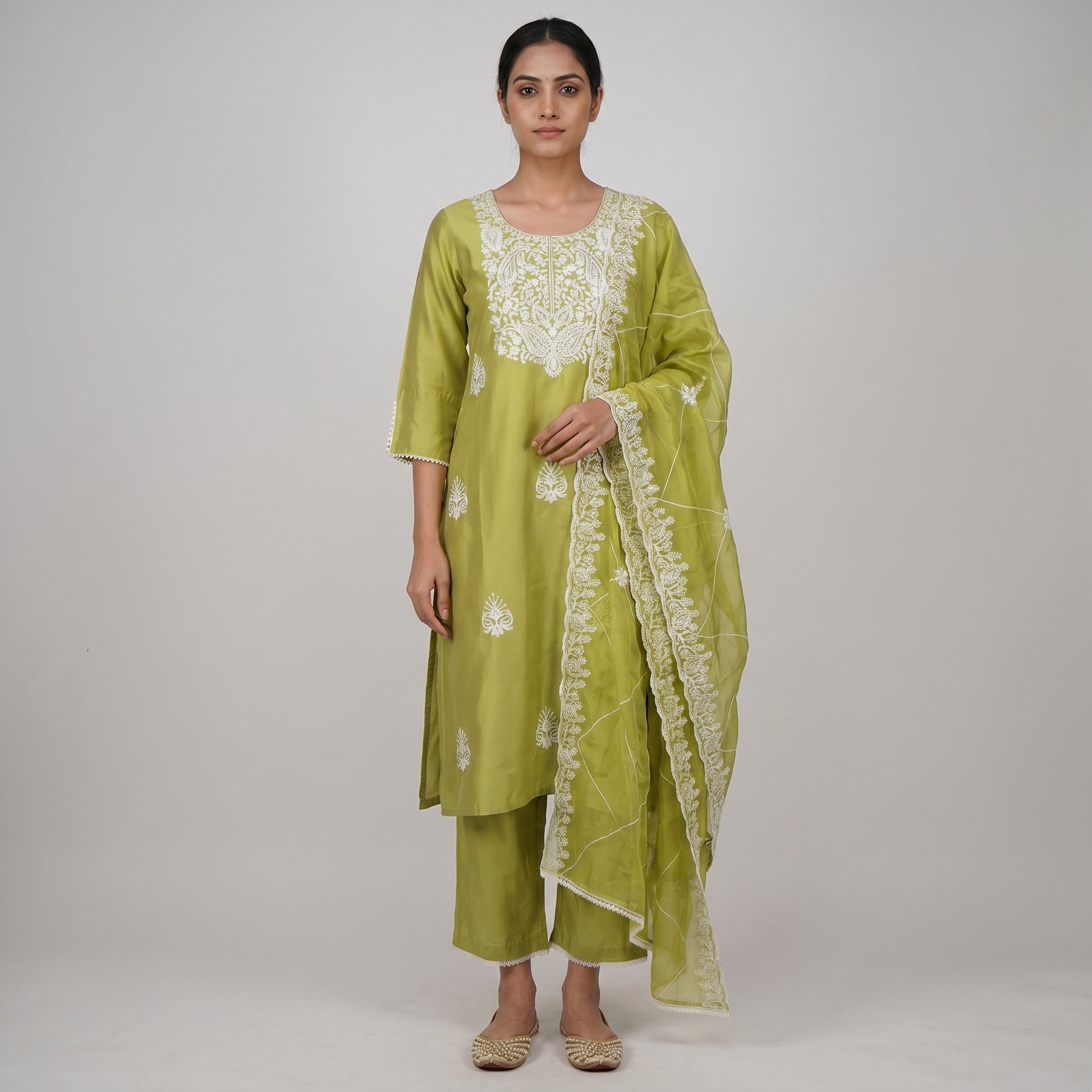 Embroidered Straight Kurta and Pant with Dupatta Set