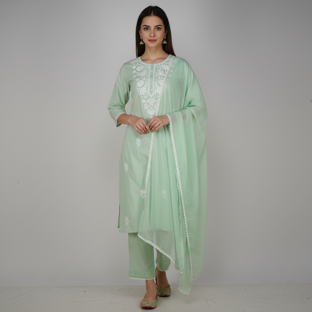 Cotton Embroidered Kurta with Pant and Dupatta Set