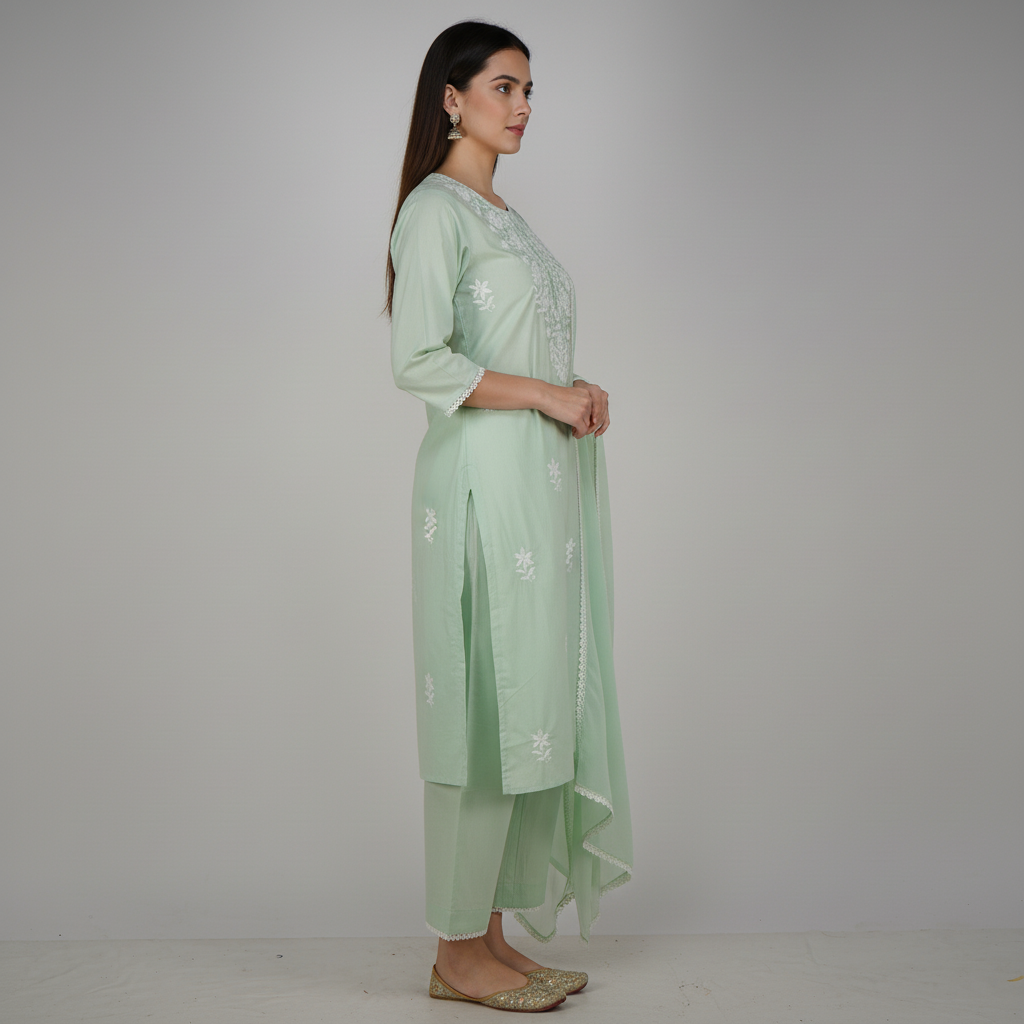 Cotton Embroidered Kurta with Pant and Dupatta Set