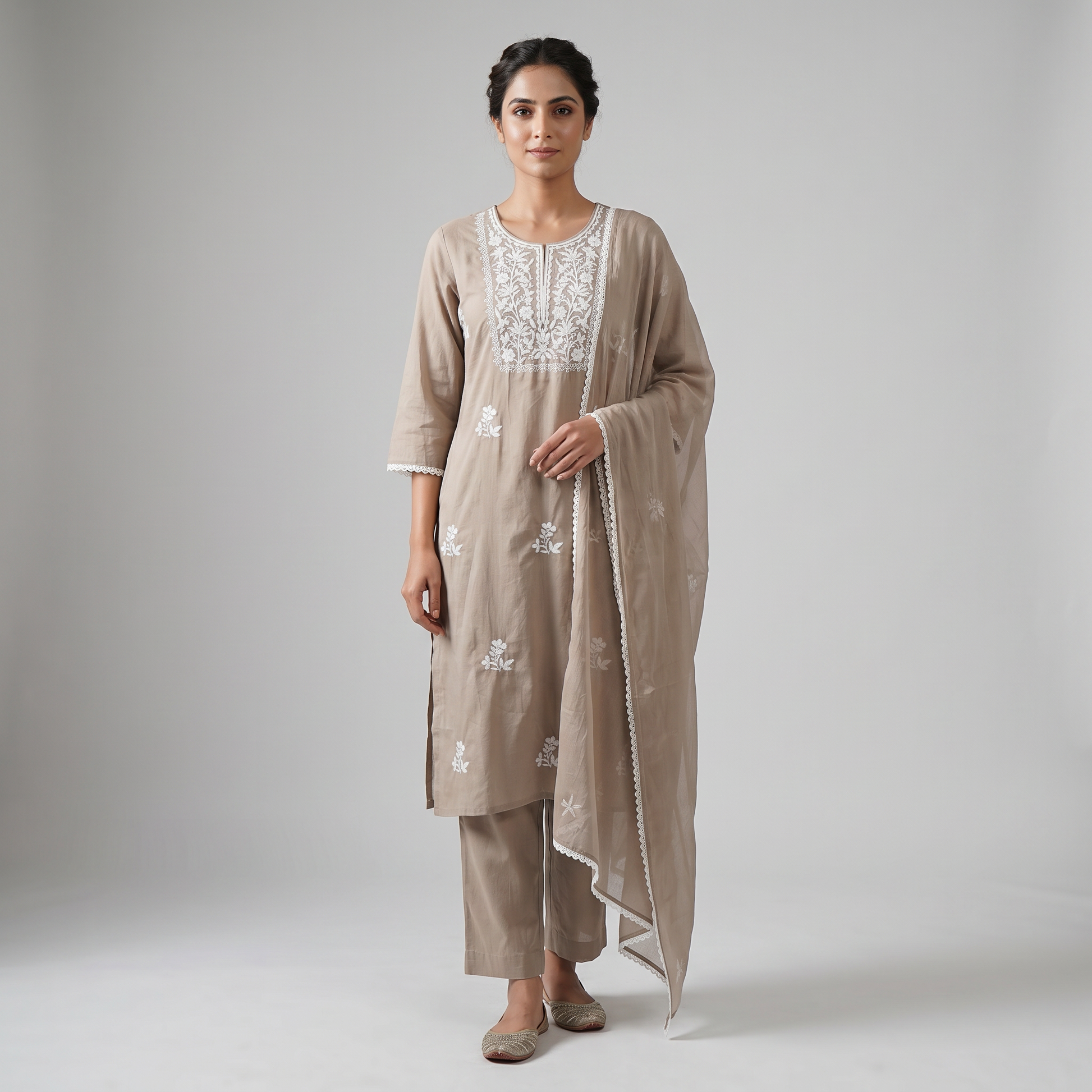 Cotton Straight Kurta and Pant with Dupatta Set