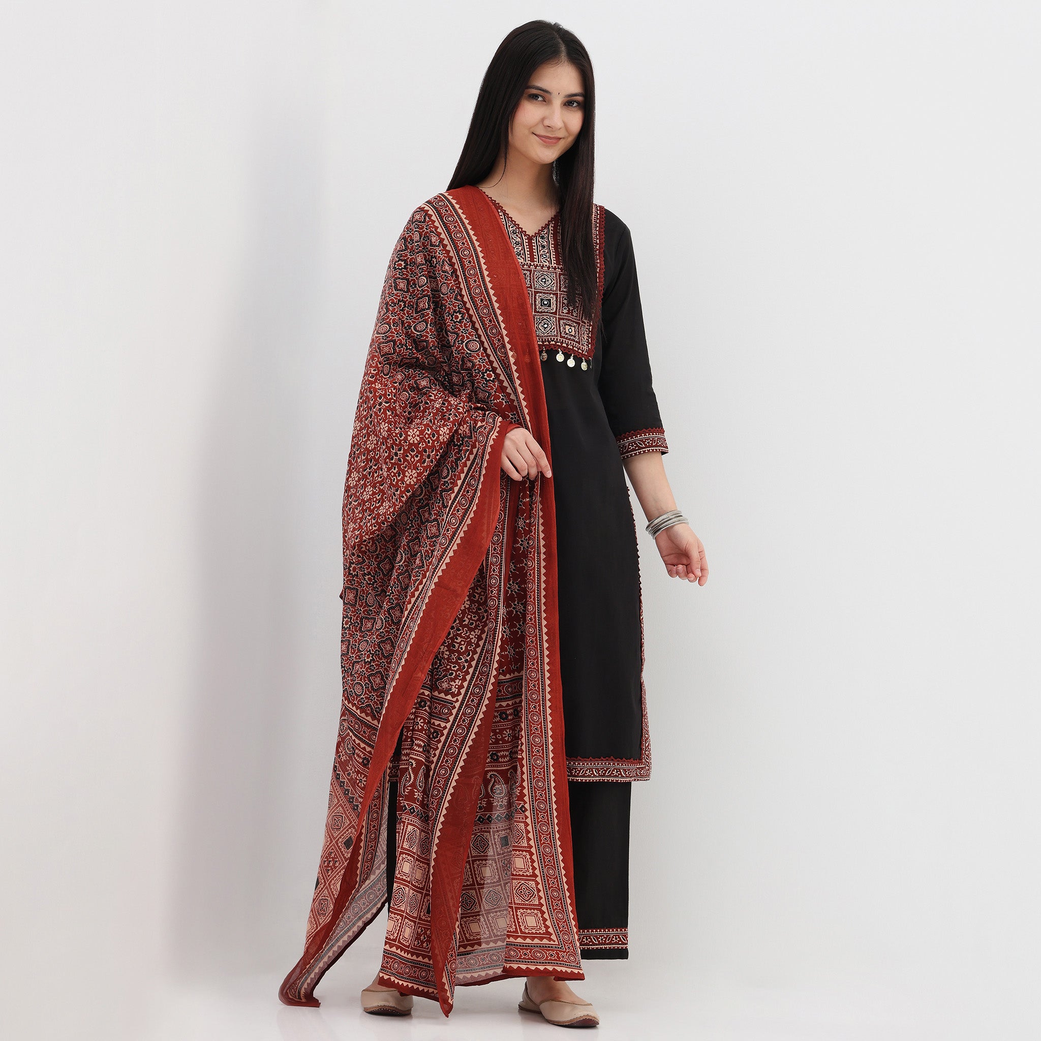 Cotton Printed V-Neck Kurta with Pant and Dupatta Set